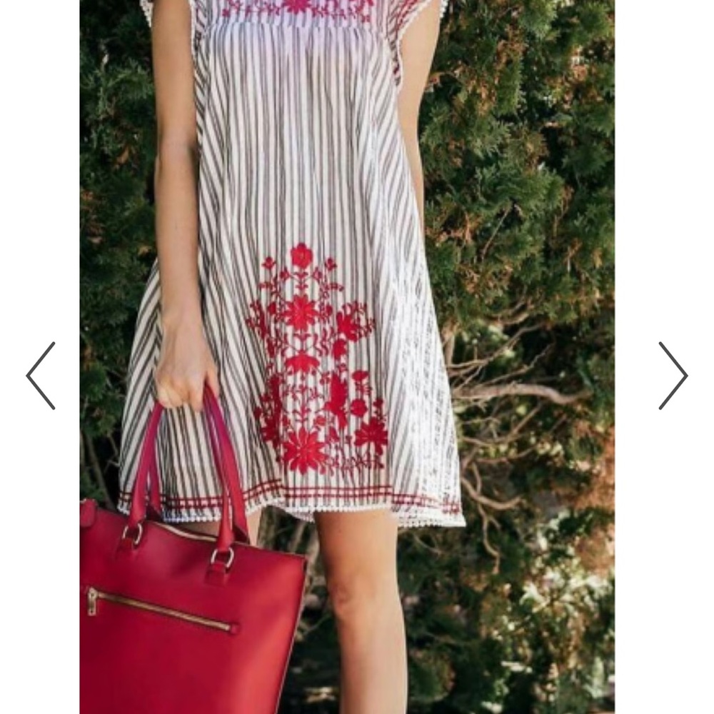Kate Spade-Broom Street-Striped White Sundress with Red Floral Embroidery